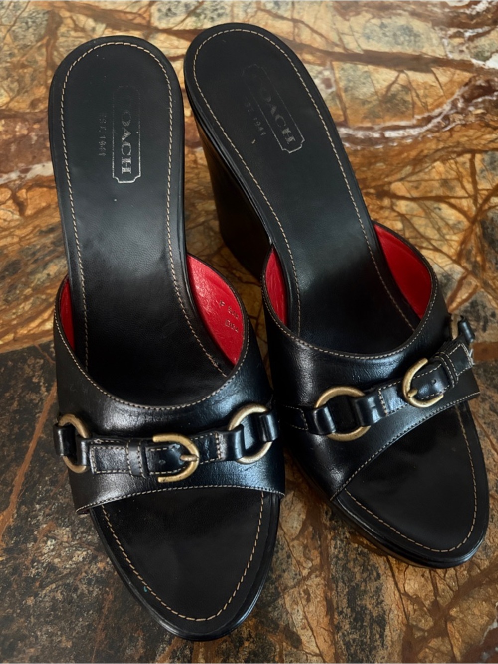Coach Chrissie Black Leather Mule Sandals with Gold Buckle Accents